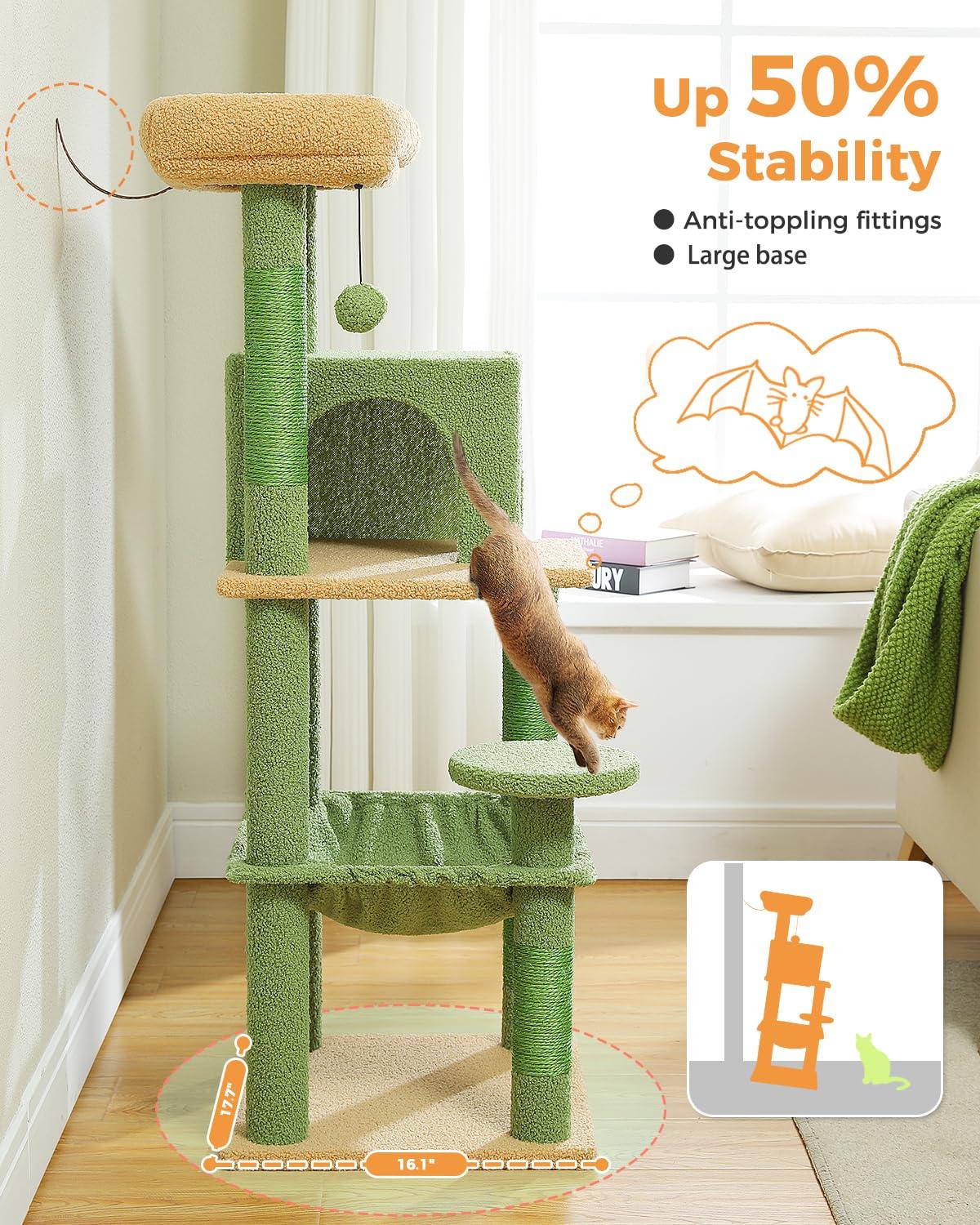 Cat Tree for Indoor Cats, 45.7" Multi-Level Cat Tower with Large Metal Frame Hammock, Cat Condo with 4 Scratching Posts and Top Perch for Small Medium Cat, Beige