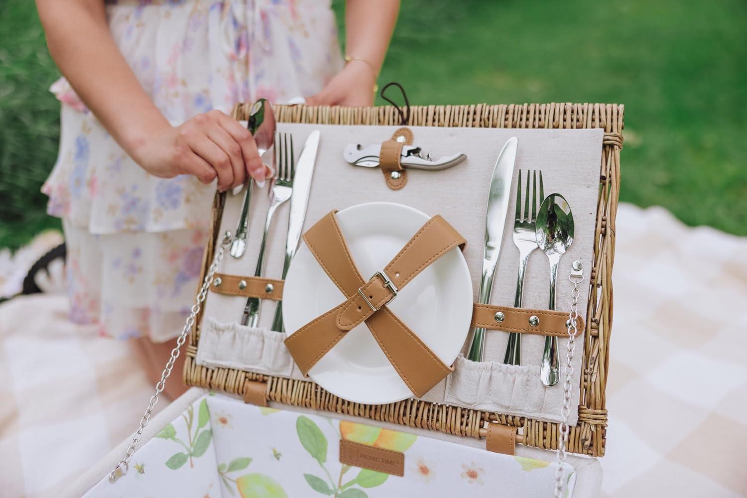 White and Lemon Pattern Willow Picnic Basket Set