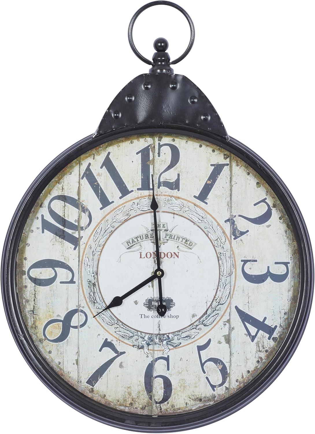 DecMode 20" Black Metal Finial Distressed Pocket Watch Inspired Wall Clock with Beige Clockface