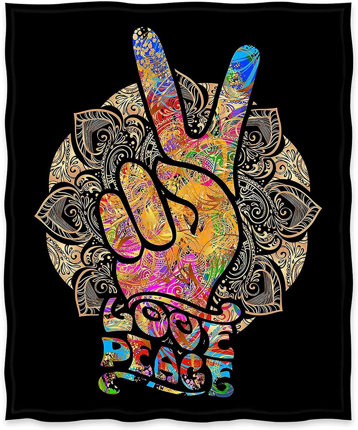 Peace Sign Blanket Hippie Gifts for Dad Women Kids Girls Birthday Father's Day Home Bedroom Living Room Decor Soft Cozy Lightweight Plush Throw Blankets Black 50"x60"