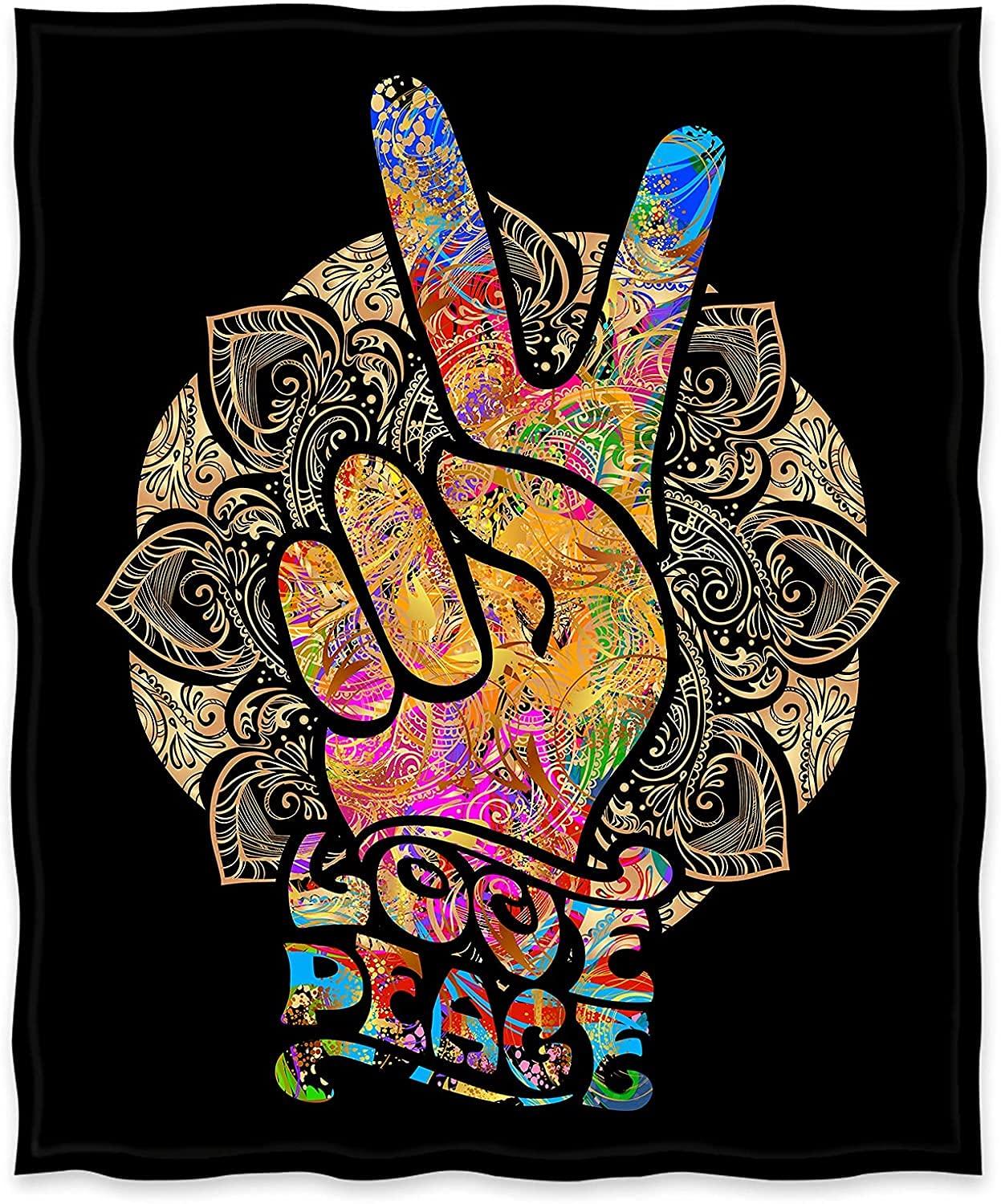 Peace Sign Blanket Hippie Gifts for Dad Women Kids Girls Birthday Father's Day Home Bedroom Living Room Decor Soft Cozy Lightweight Plush Throw Blankets Black 50"x60"