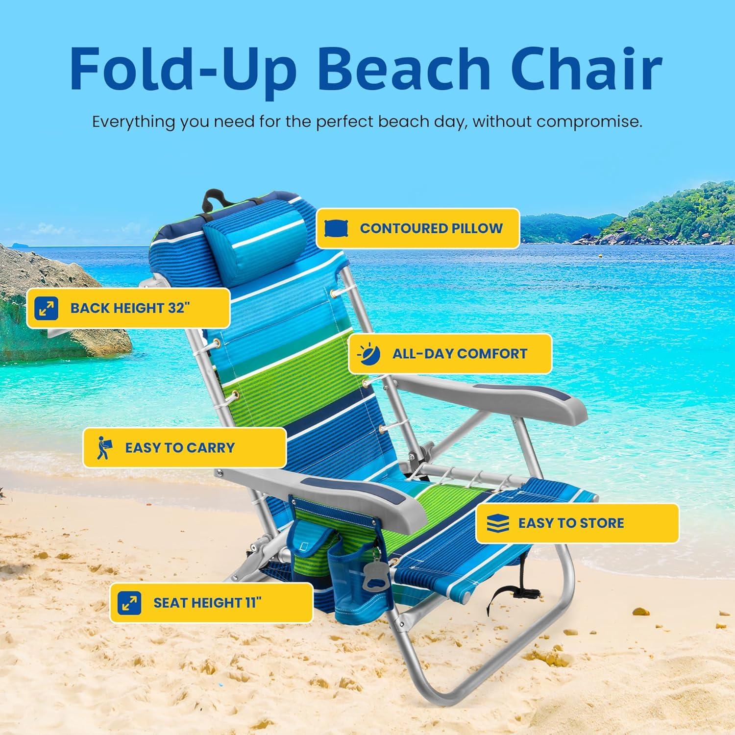 Homevative Cooler+ Folding Backpack Beach Chair with 5 Positions, Towel bar, XL Cooler Pouch, Storage Net, Cup and Phone
