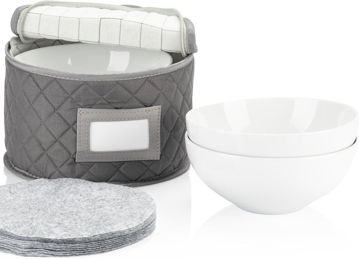 Gray Quilted Polyester Round China Storage Case with Felt Dividers