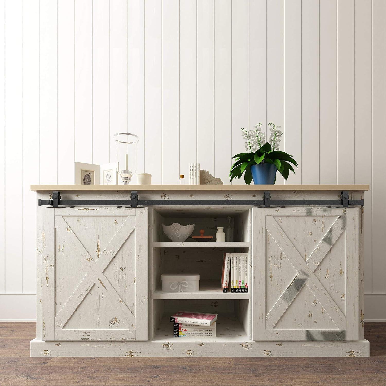 Architectural Products 60" Mini Barn Door Hardware Kits for Double Cabinet Doors Top Mount Design in Matte Black FSDH-TOPMT-BK-5-DD trimmable Down to 55" No TV Stand