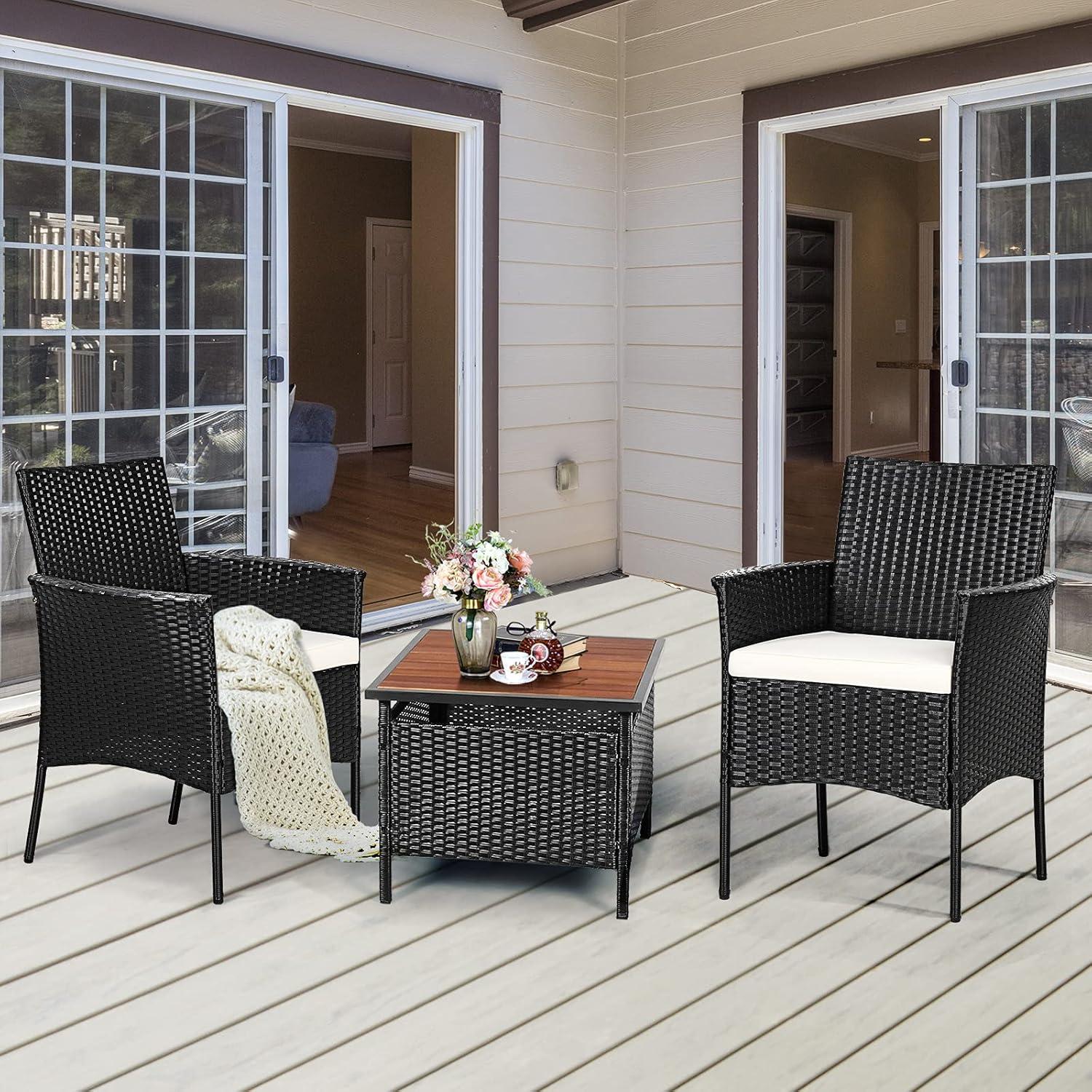 Black Wicker Outdoor Dining Chairs with Cushions, Set of 2