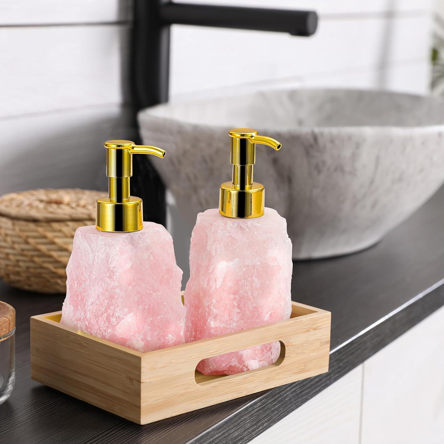 Rose Quartz Crystal Dispenser - Glossy Gold Color Pump - Natural Stone Soap Dispenser for Bathroom