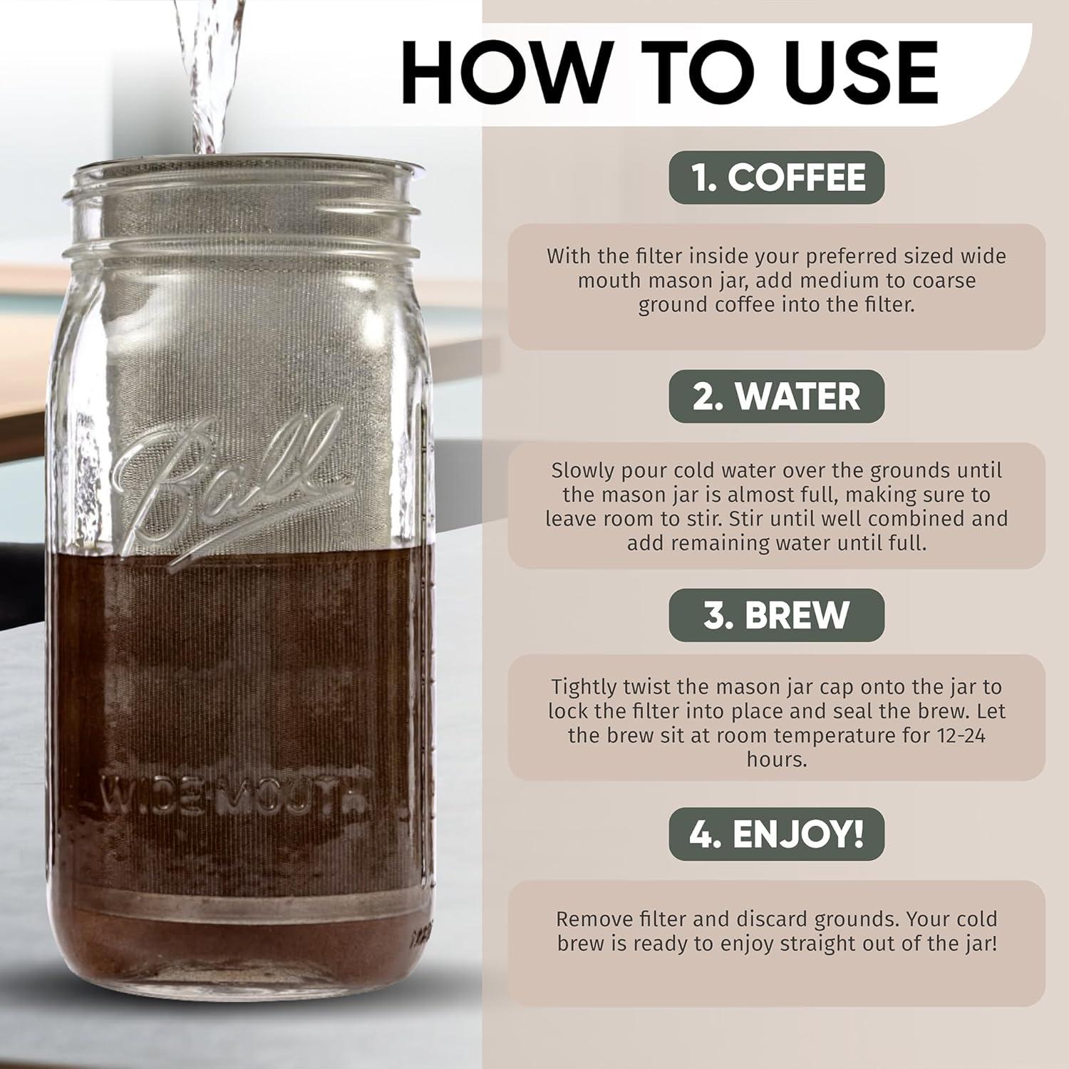 Cold Brew Coffee Maker for Wide Mouth Mason Jar - Stainless Steel Iced Coffee Cold Brew Filter & Infuser Maker for Tea & Fruit Water -Versatile Mason Jar Coffee Brewer & Tea Strainer Kit (64oz/2qt)