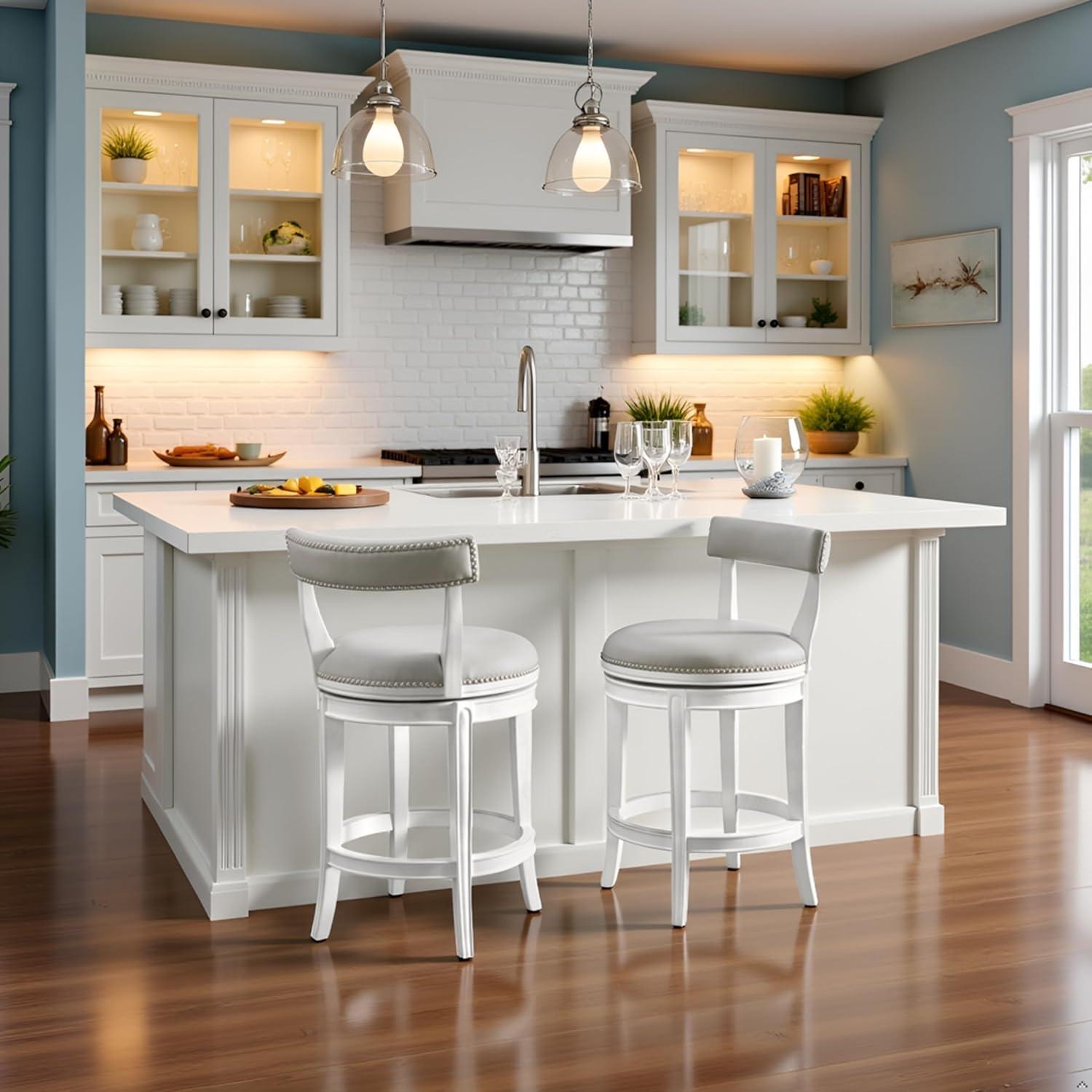 Alaterre Hanover Swivel Bar Height Stool, White and Gray, 30-Inch Seat Height, Solid Rubberwood Frame with Faux Leather Upholstery, Nailhead Trim, Memory Return Swivel, Ideal for Kitchen, Dining Area, Set of 2