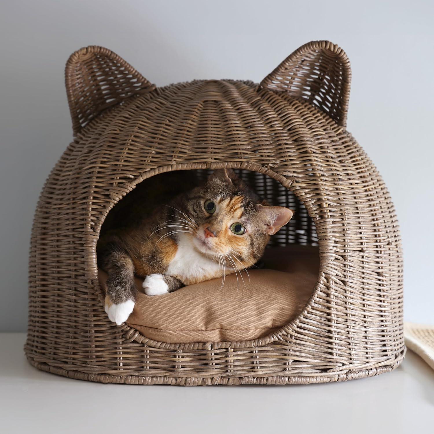 Cat Ear Coastal Handwoven Rattan Cat Bed with Machine-Washable Cushion