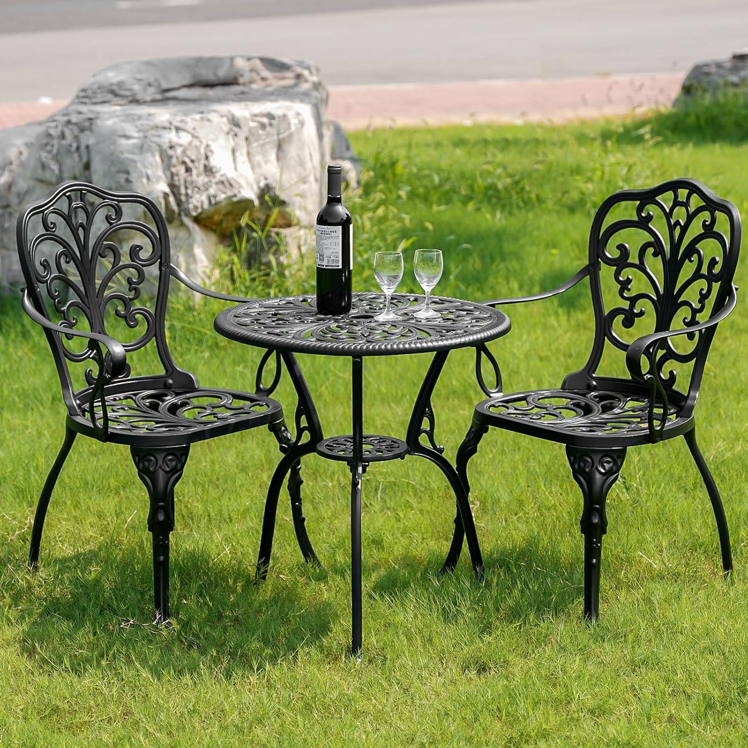 PATIO-IN 3 Piece Bistro Set Cast Aluminum Bistro Table and Chairs Set of 2 with Umbrella Hole,Patio Furniture Sets for Front Porch,Garden