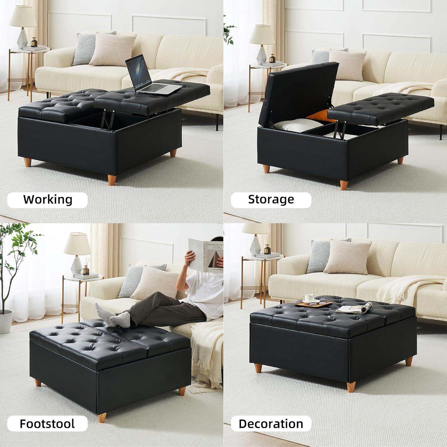 Lift-Top Ottoman Coffee Table | Faux Leather Tufted Upholstered with Storage | Large Square Bench for Bedroom & Living Room