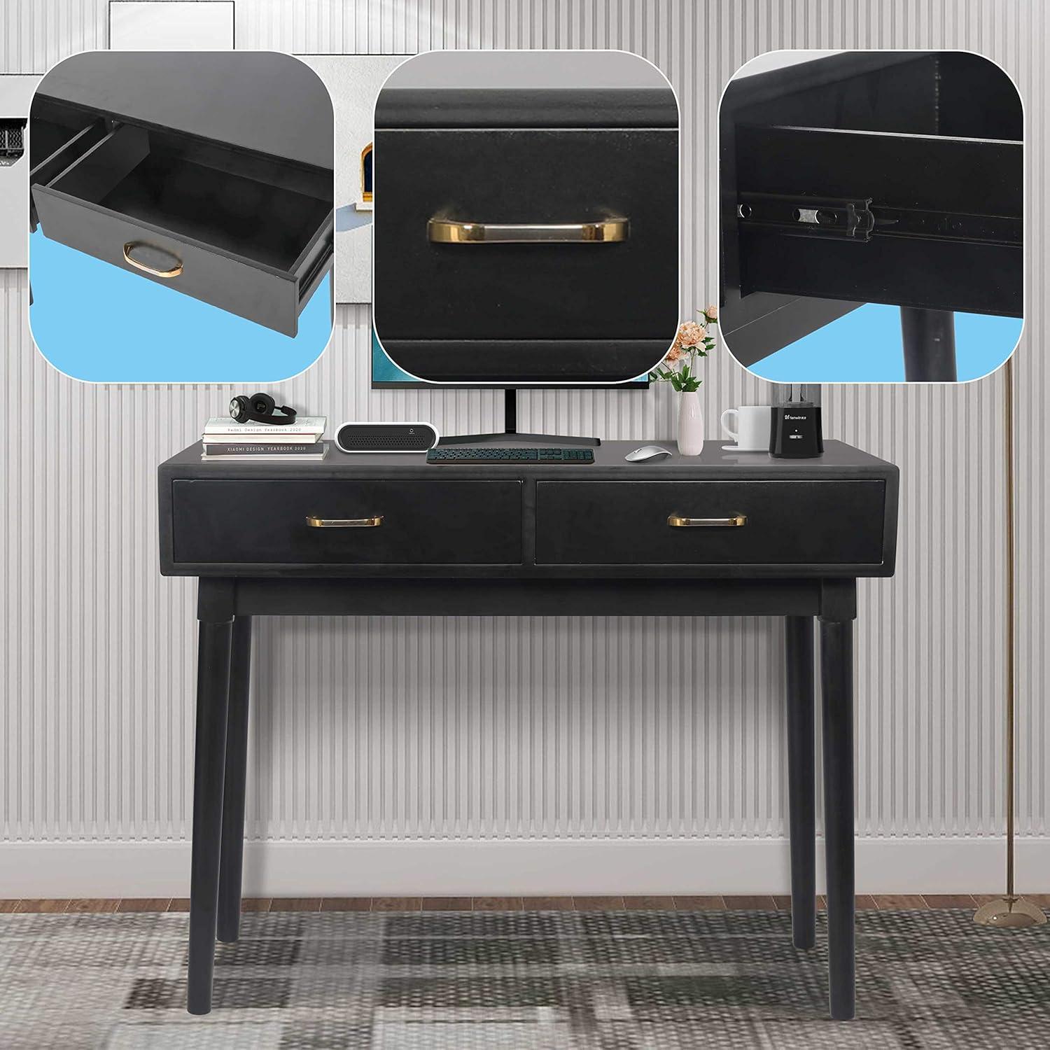 Small White Desk with 2 Drawers, Modern Writing Desk for Small Spaces, Home Office Desk for Study, Laptop Computer Desk for Work, Makeup Vanity Table for Bedroom (White)