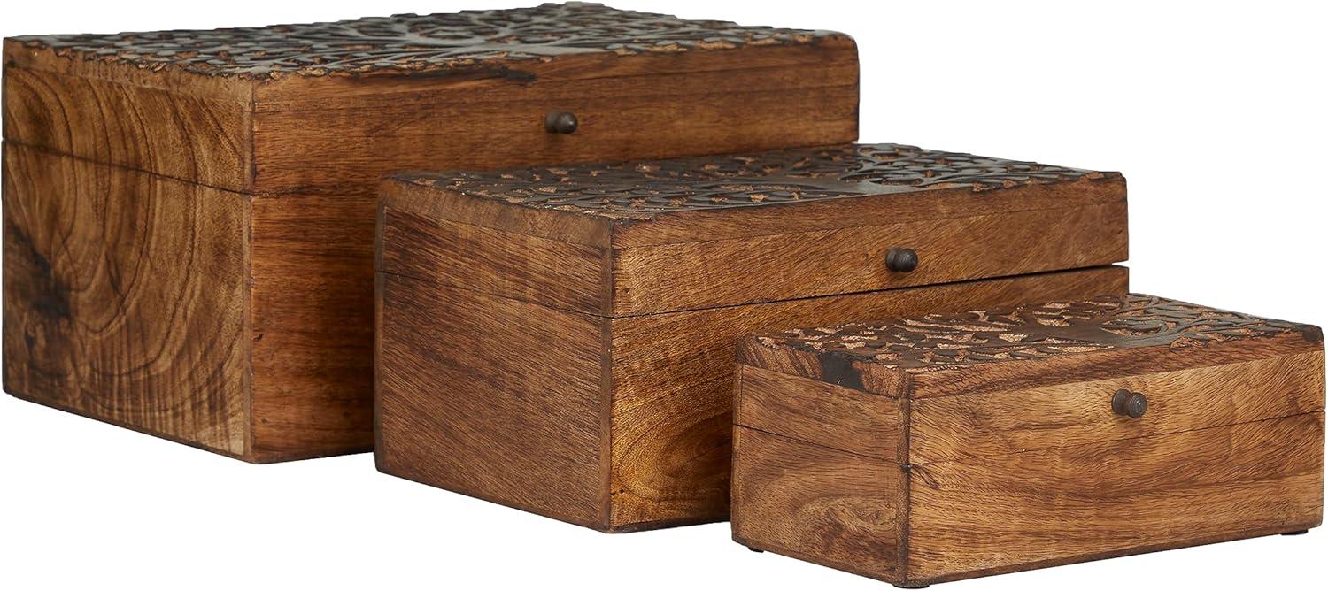 Set of 3 Rustic Carved Mango Wood Boxes - Olivia & May