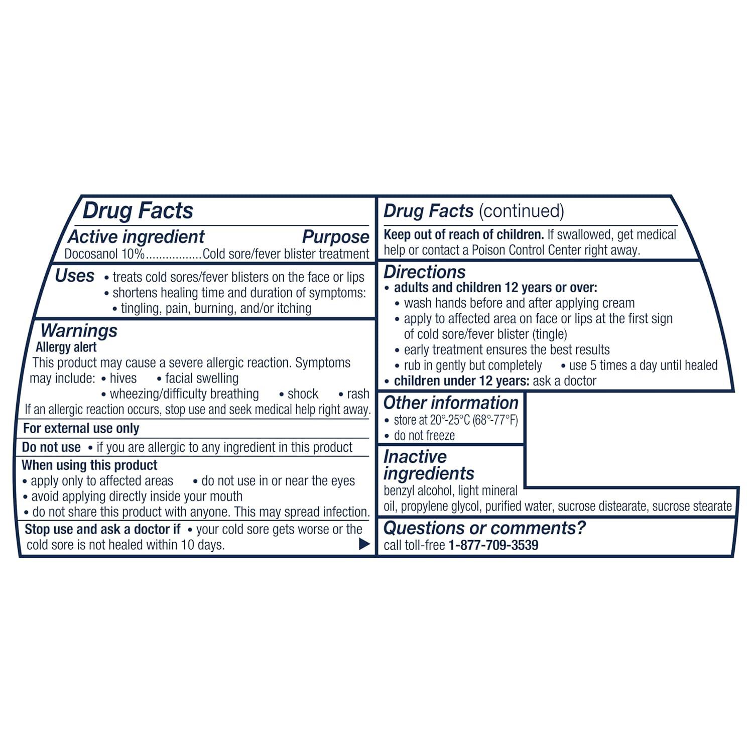 Abreva Docosanol 10% Cream Cold Sore/Fever Blister Treatment Tube - 0.07oz