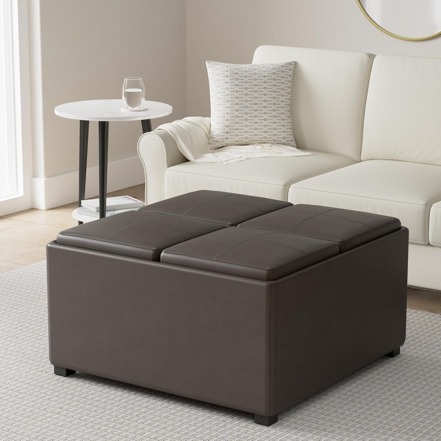 Simpli Home Avalon 35"W Upholstered Square Coffee Table Storage Ottoman with Flip-Over Trays