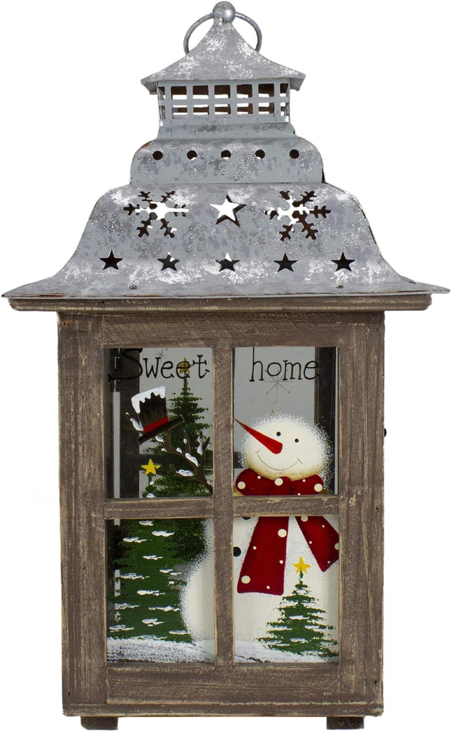 Rustic Wooden Snowman Christmas Lantern with Silver Roof, 16.5"