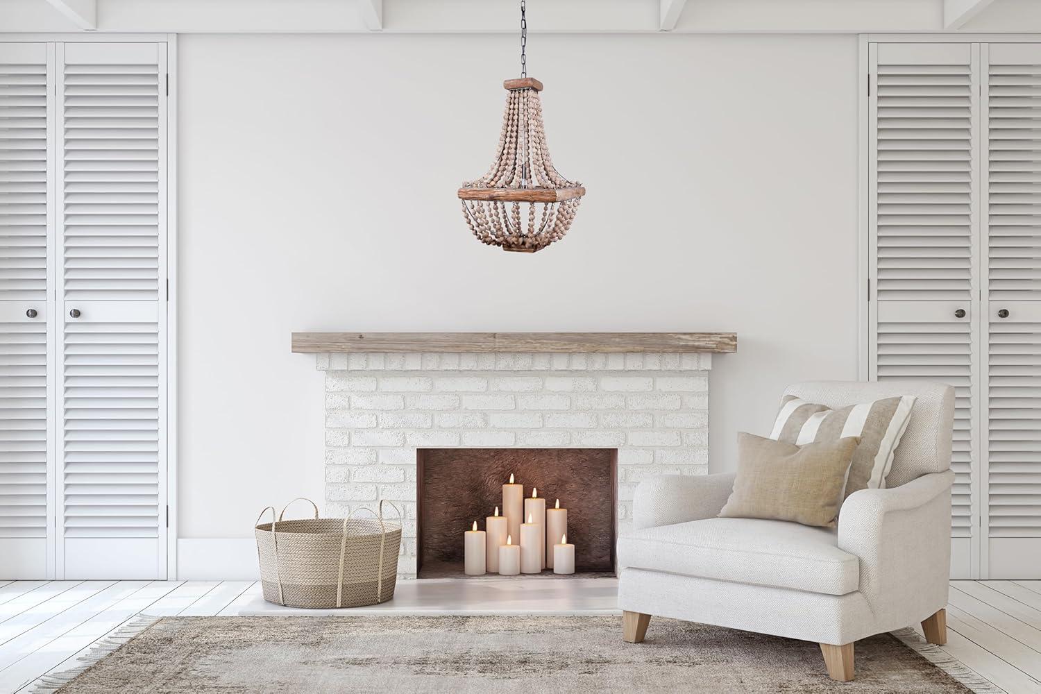 Wood/Metal Framed Chandelier with Wood Bead Draping Cream - Storied Home: Neutral Hue, UL Listed, Adjustable Height