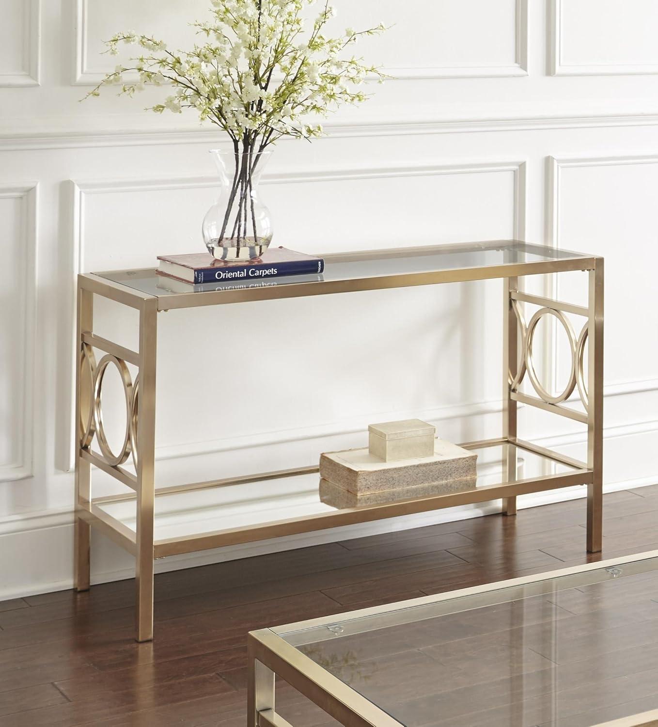 Aurelia Gold Chrome & Glass Sofa Table with Mirrored Shelf