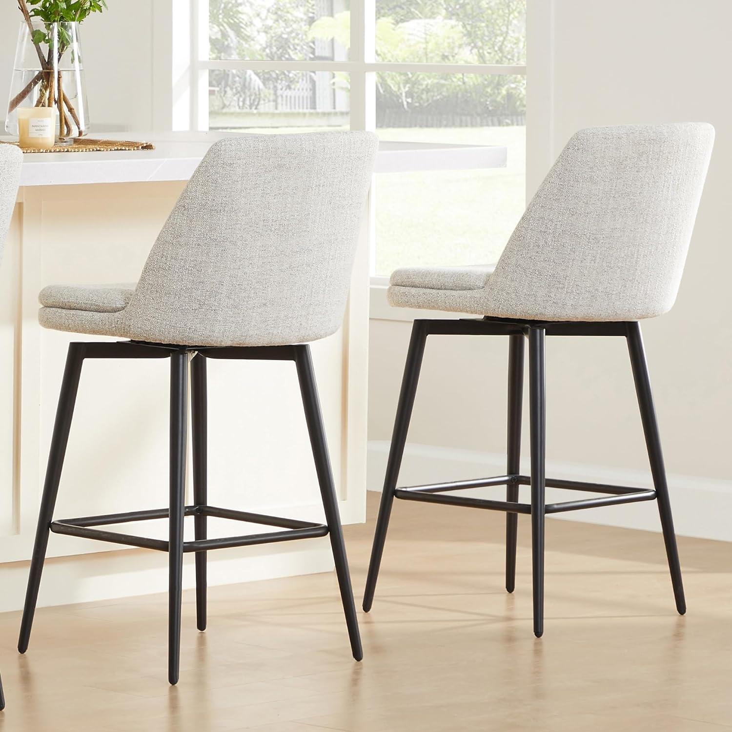 White Upholstered Fabric Swivel Bar Stools with Metal Base, Set of 2