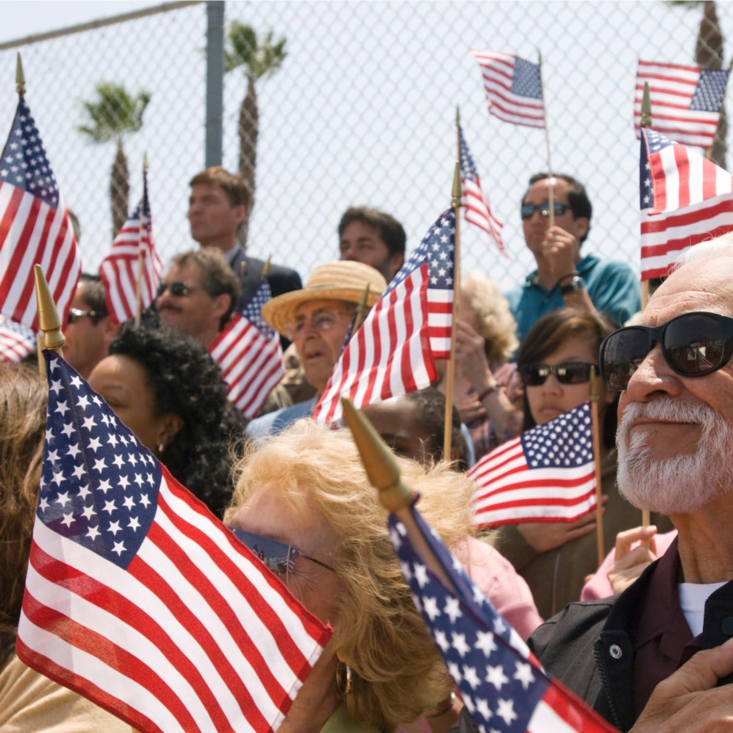 Anley LOT OF 50 - USA 4x6 in Wooden Stick Flag - July 4th Decoration, Veteran Party, Grave Marker, etc. - HandHeld American Flag with Kid Safe Golden Spear Top (Pack of 50)