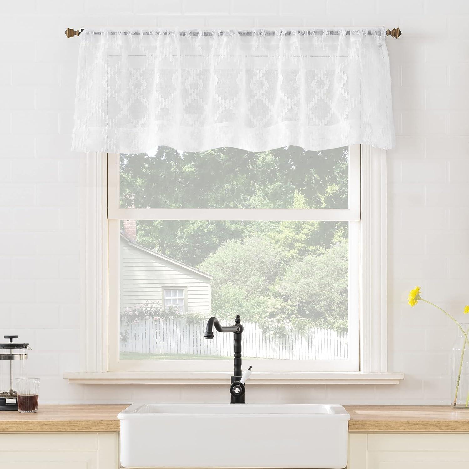 White Geometric Semi-Sheer Rod Pocket Kitchen Valance, 54" x 15"