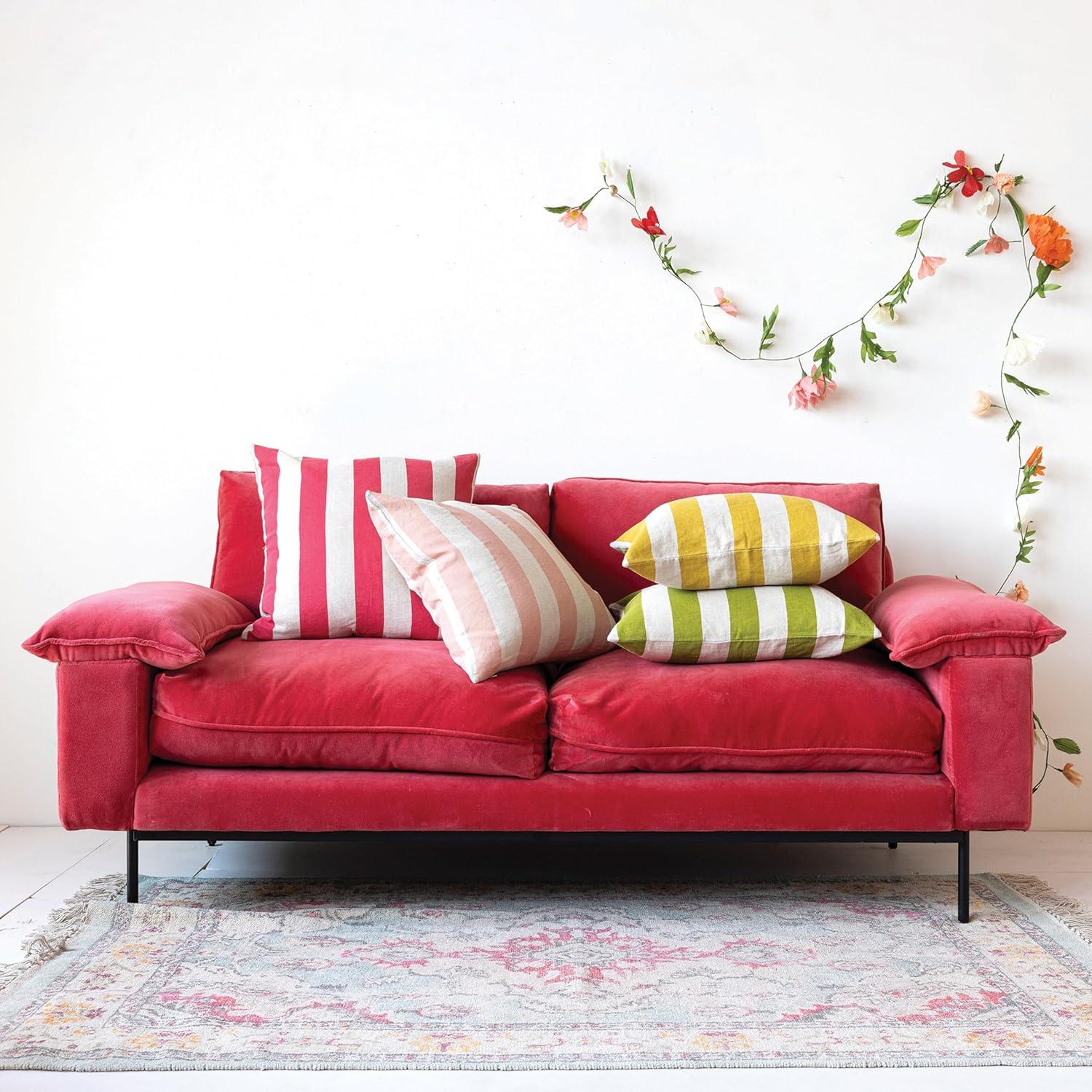 Red and Natural Striped Cotton Linen Square Pillow