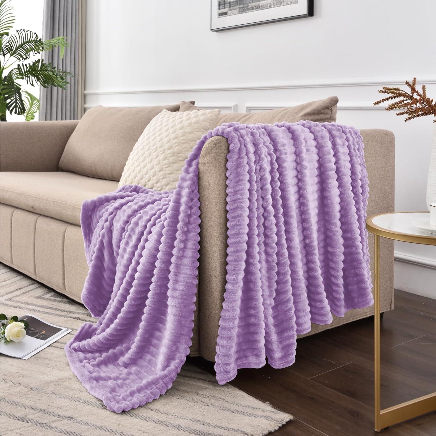 BEDELITE Fleece Throw Blanket for Couch 3D Ribbed Jacquard Cozy, Fluffy, Plush Lightweight Lavender Throw Blankets for Bed, Sofa, 50x60 inches