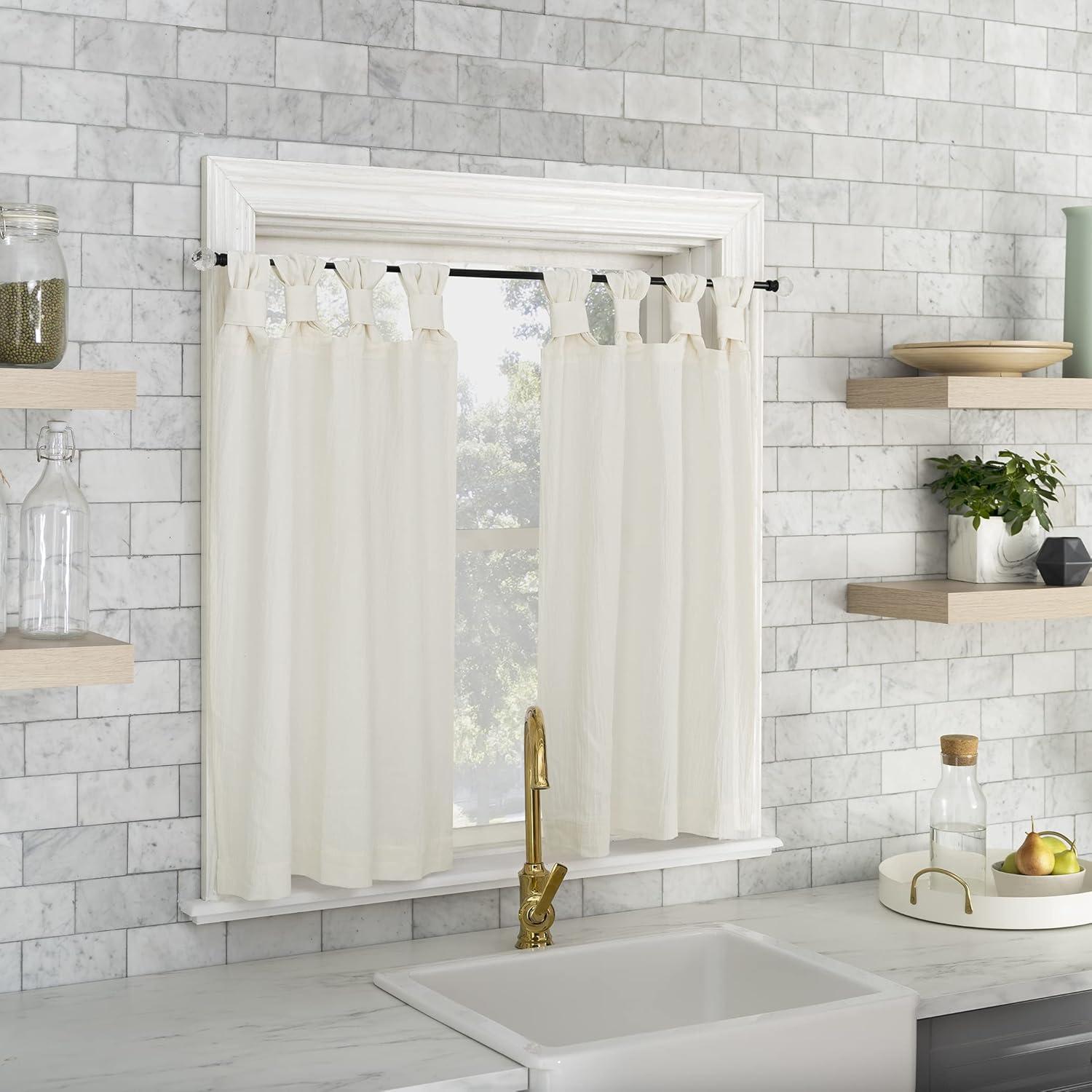 2pc 52"x36" Archaeo Washed Cotton Twist Tab Cafe Curtain Tier Pair Ivory: Kitchen Curtains, 36 Inch, Solid Off-White