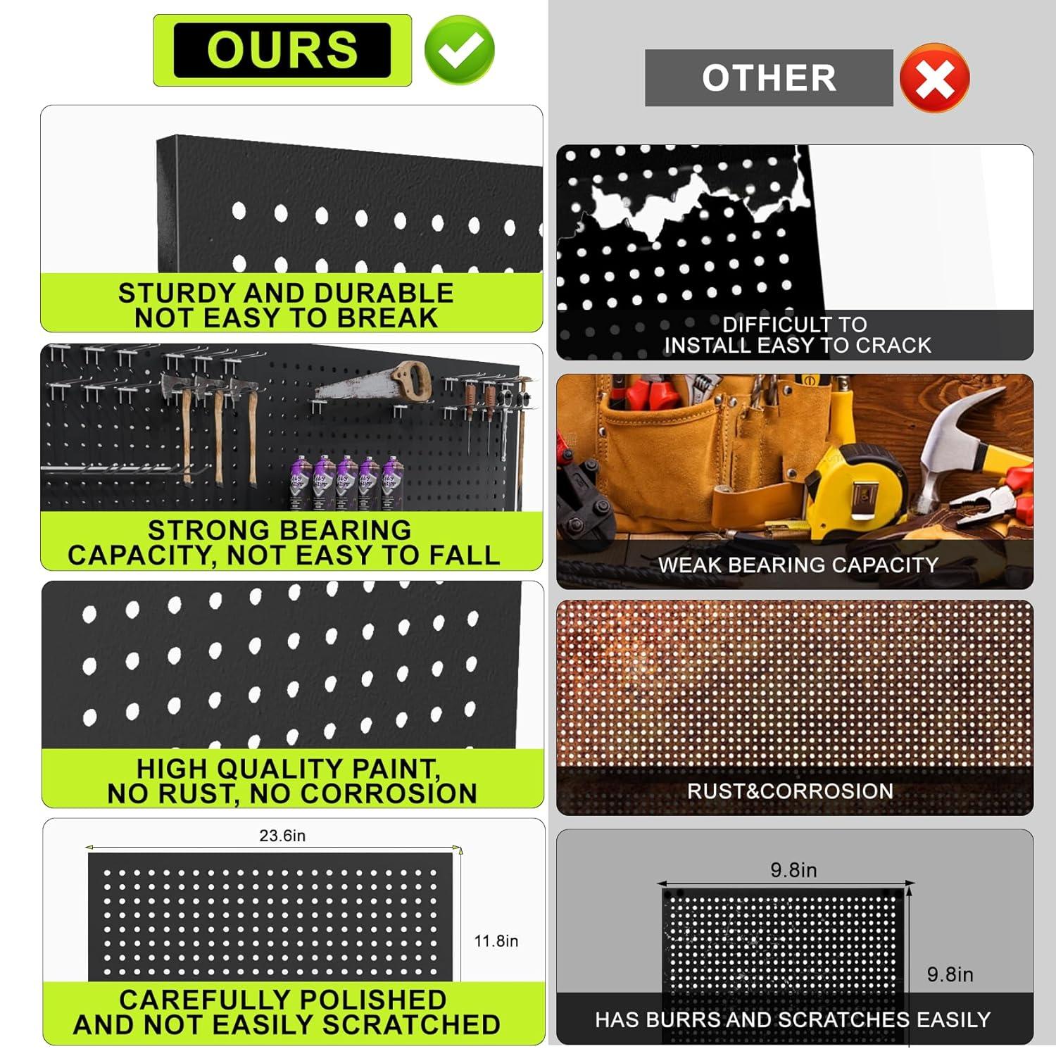 4 Pack Metal Pegboard Panels 24" x 12" Black Heavy Duty Steel Pegboard Wall Organizer, Garage Utility Tools Pegboard Storage System for Workbench, Shop, Shed Modular Peg Board Organizer Board Kit