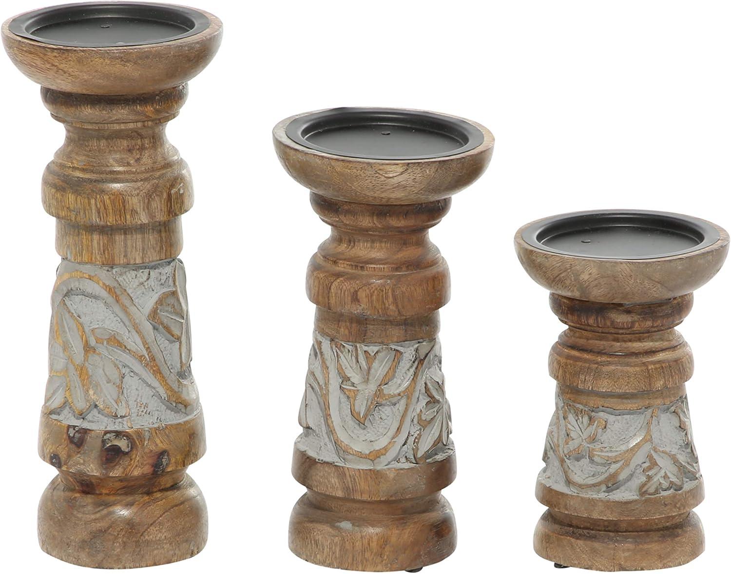 DecMode 3 Candle Brown Wood Candle Holder, Set of 3