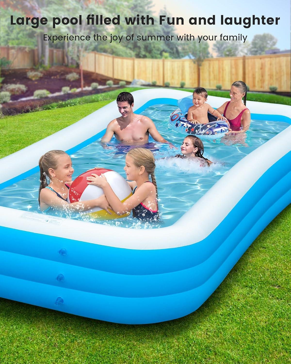 Large Blue Rectangular Inflatable Pool with Pump