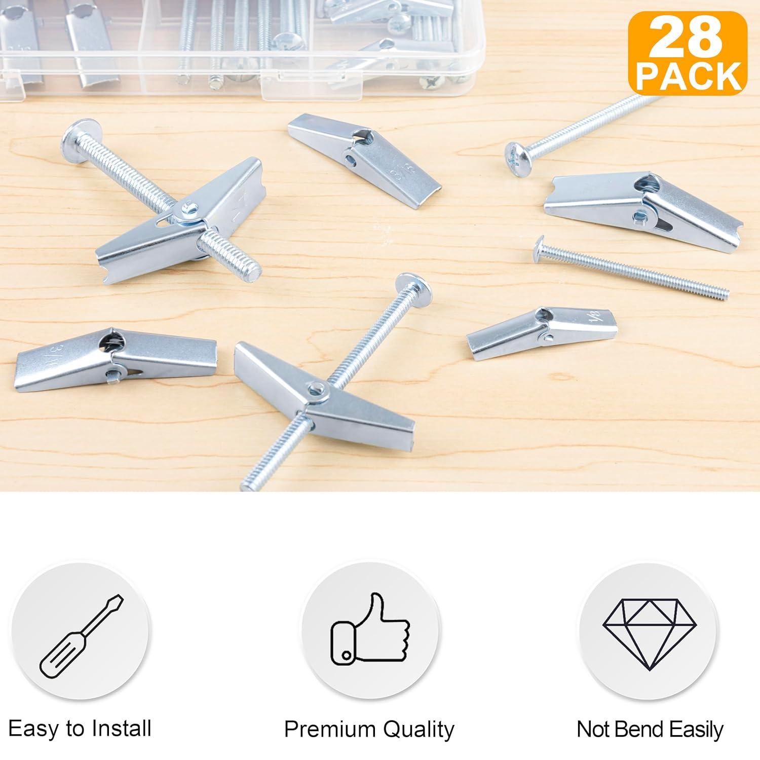 KURUI 28Pcs Heavy Duty Hollow Wall Anchors for Drywall Ceiling, Toggle Bolts and Wing Nut Kit, Metal Drywall Anchors and Screws Assortment Set, 3 Sizes Butterfly Anchors for Hanging 1/8, 3/16, 1/4