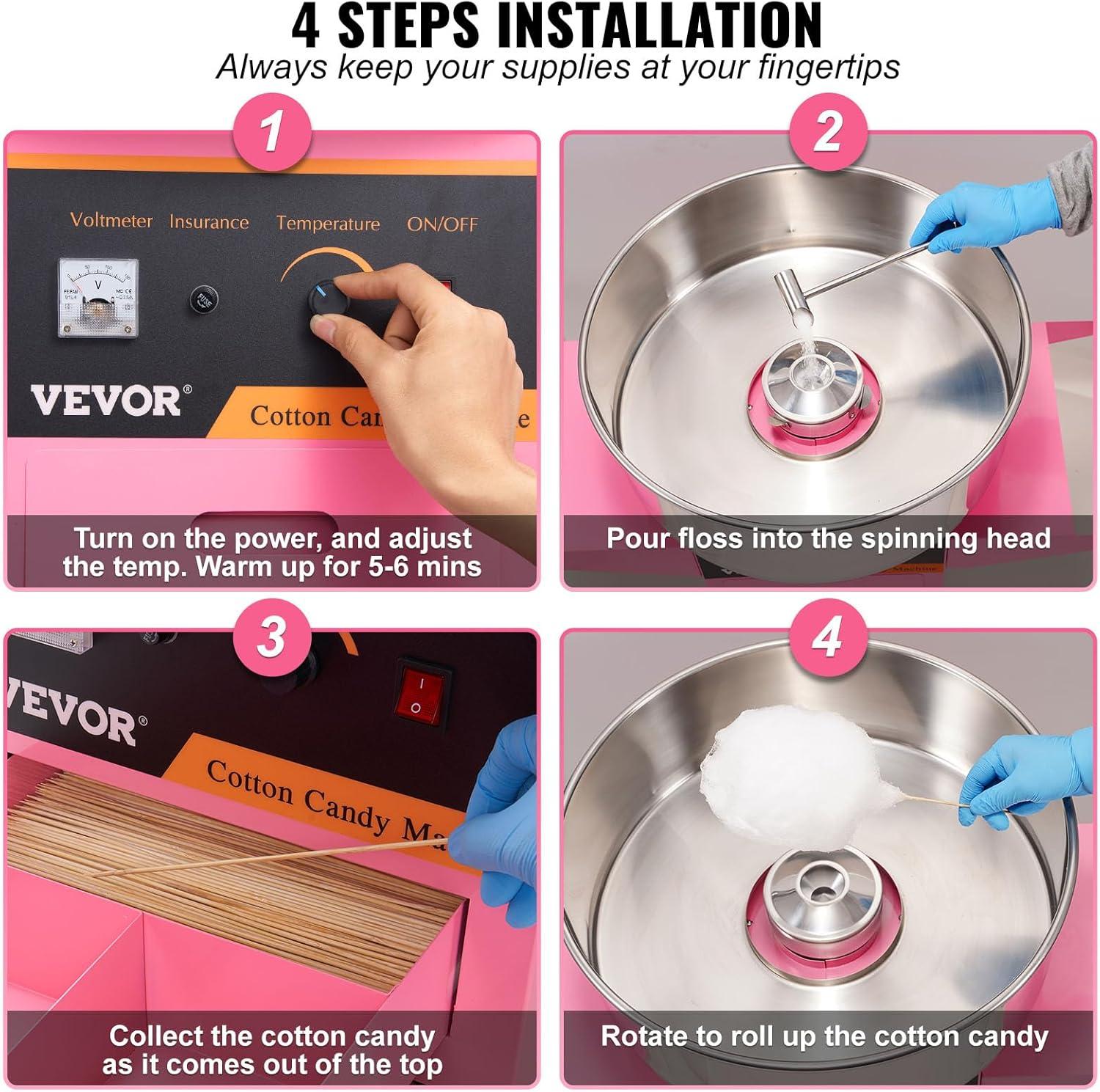 VEVOR Electric Cotton Candy Machine Cart, 1000W Commercial Floss Maker w/Stainless Steel Bowl, Sugar Scoop and Drawer, Perfect for Home, Carnival, Kids Birthday, Family Party, Pink