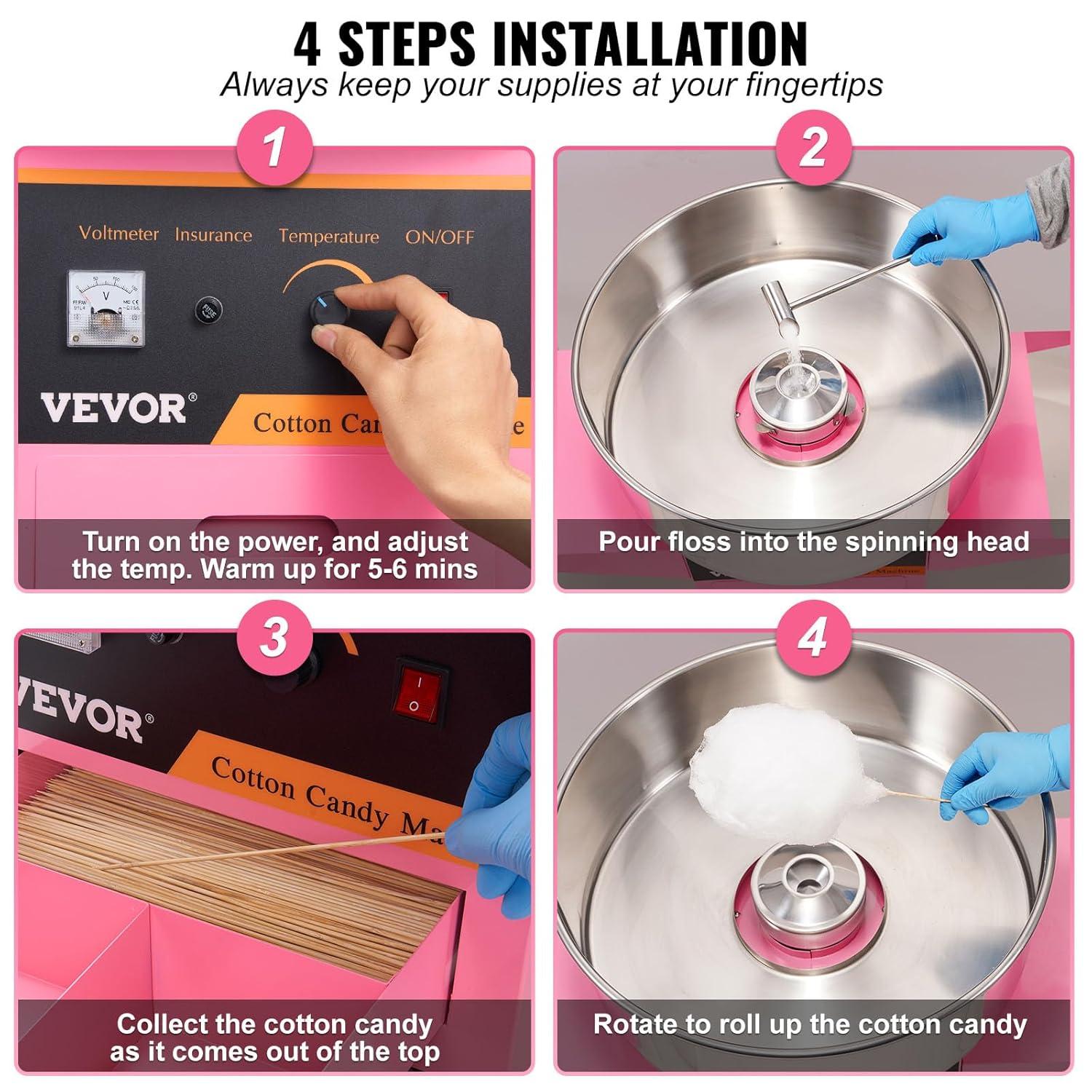 VEVOR Electric Cotton Candy Machine with Cart, 1000W Commercial Floss Maker with Stainless Steel Bowl, Sugar Scoop and Drawer, Pink