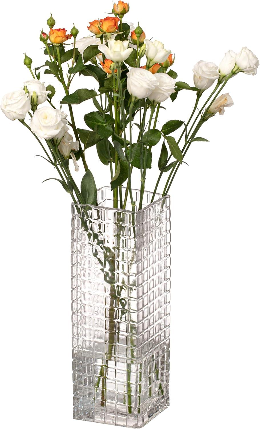 Uniquewise Large Square Frosted Clear Glass Table Vase - A Timeless Centerpiece for Dining Tables, Living Rooms, Bedrooms, Hotel Reception Areas