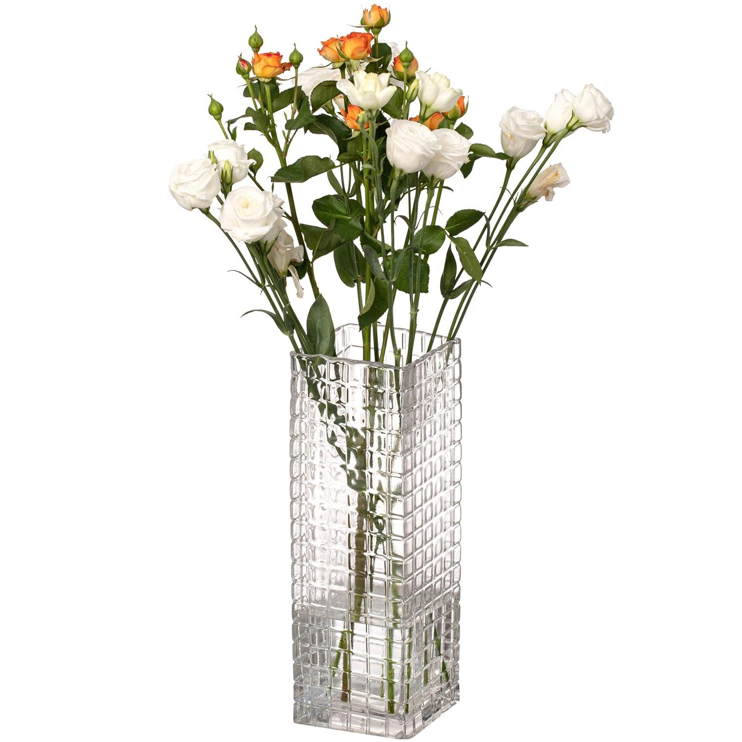 Uniquewise Large Square Frosted Clear Glass Table Vase - A Timeless Centerpiece for Dining Tables, Living Rooms, Bedrooms, Hotel Reception Areas