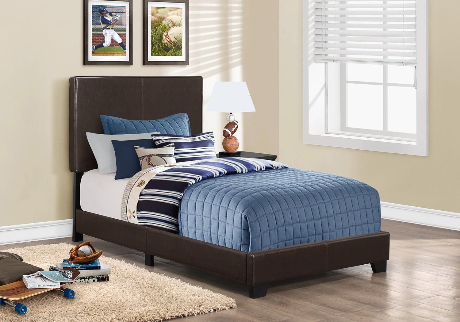Monarch Specialties Bed Twin Size Platform Bedroom Frame Upholstered Pu Leather Look Wood Legs Brown Transitional