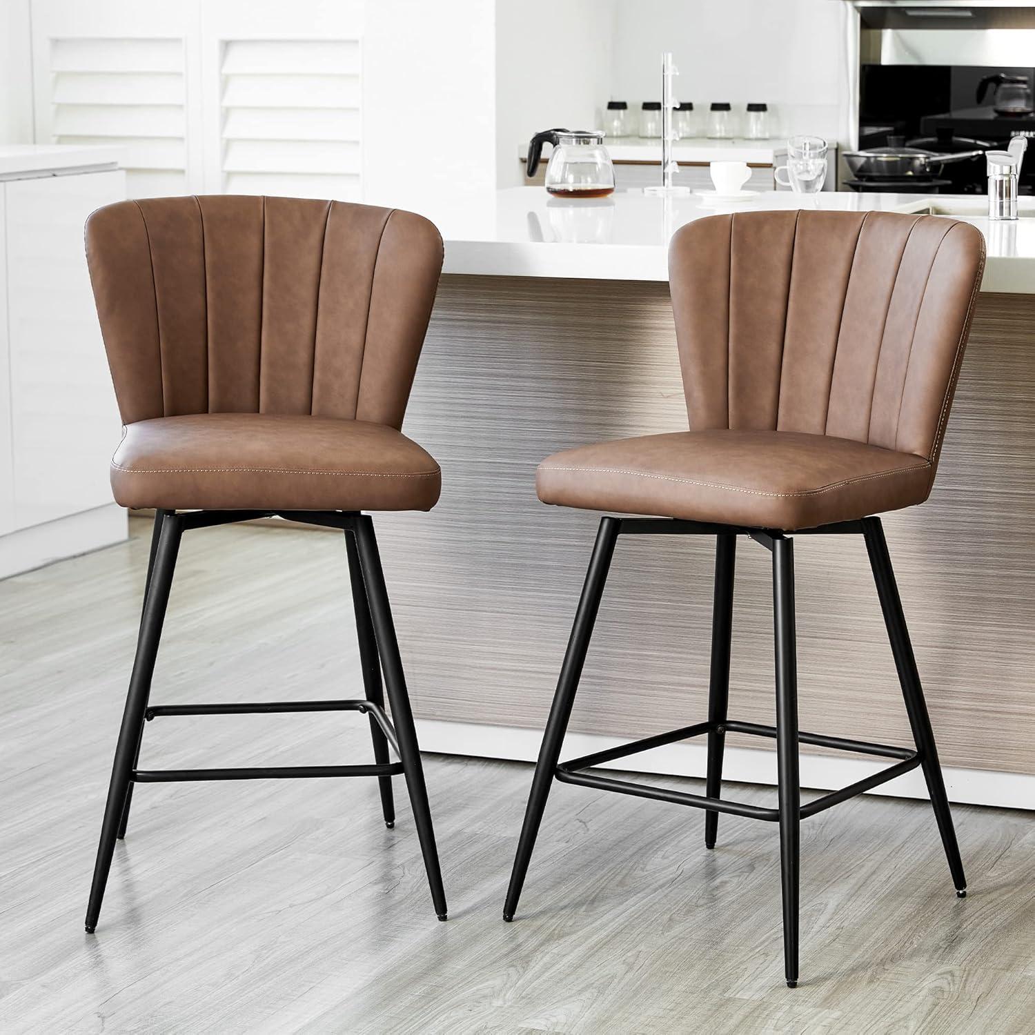 Brown Leather Upholstered Bar Stools with Steel Legs, Set of 2