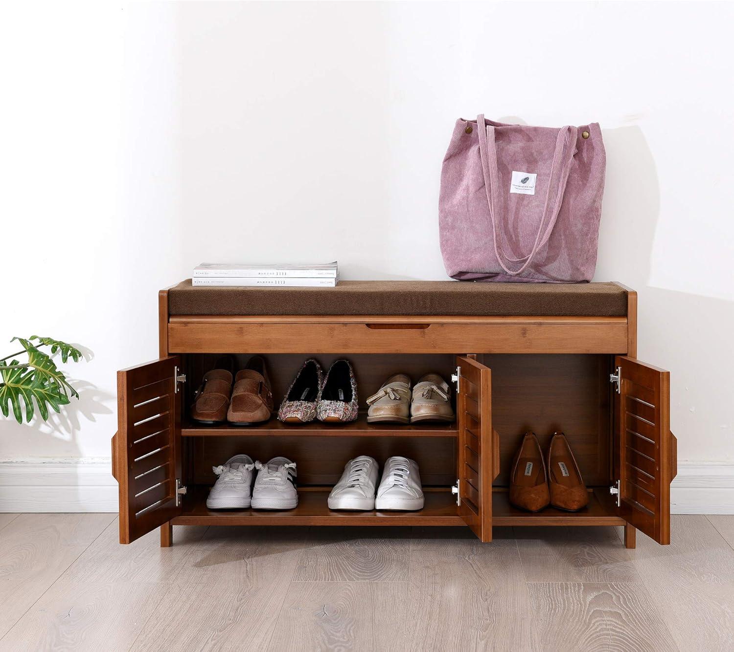 Bamboo Entryway Bench with Hidden Shoe Storage and Detachable Cushion