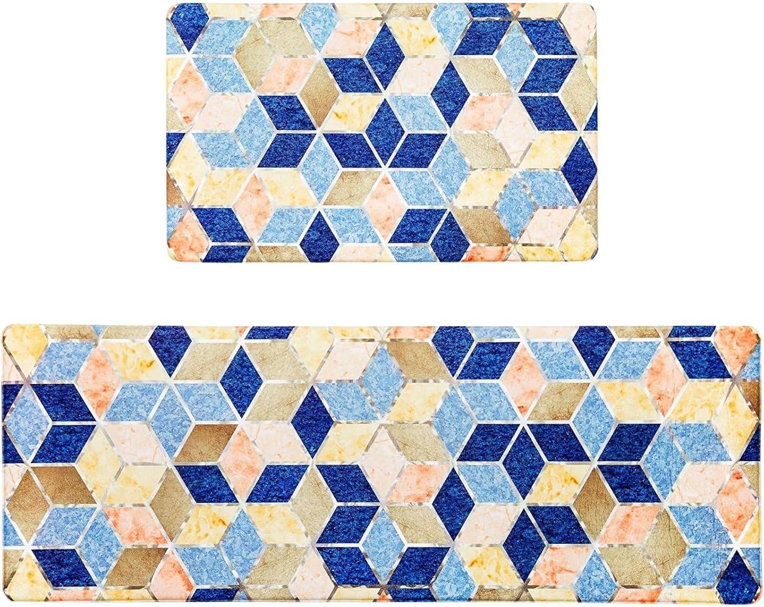 Set of 2 Blue and Beige Diamond Pattern Anti-Fatigue Kitchen Mats