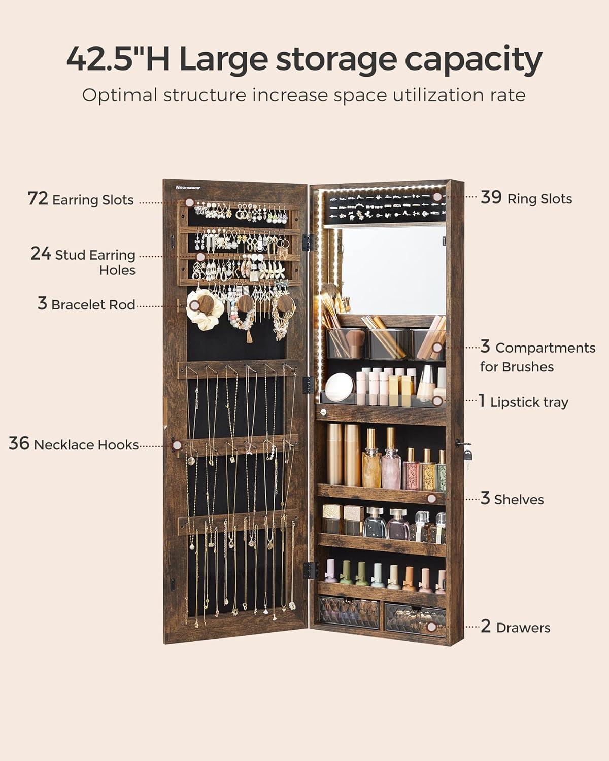 SONGMICS Mirror Jewelry Cabinet Armoire Organizer, Wall or Door Mount Storage Cabinet with Full-Length Frameless Lighted Mirror, Built-in Makeup Mirror, 2 Drawers, Lockable, Rustic Brown UJJC013X01