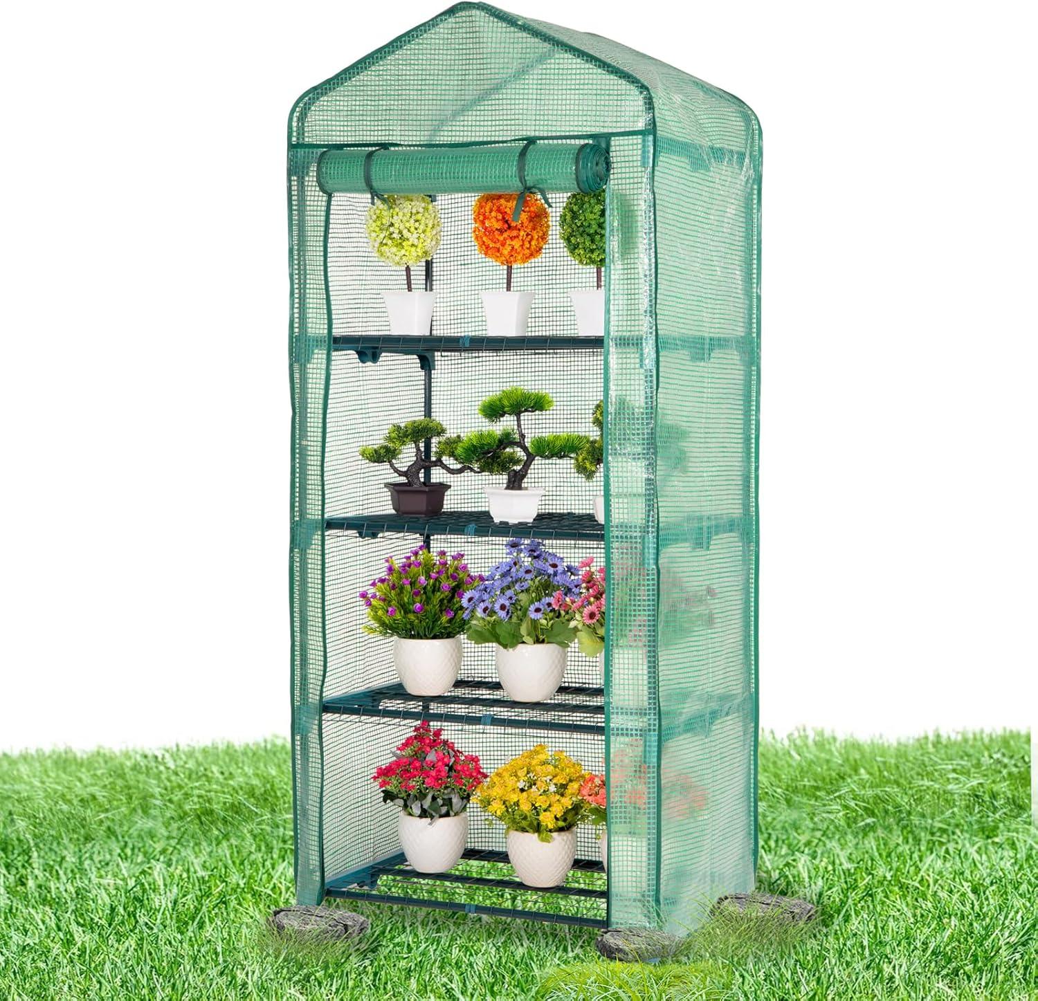 Compact Green Polyethylene 4-Tier Roll-Up Door Greenhouse