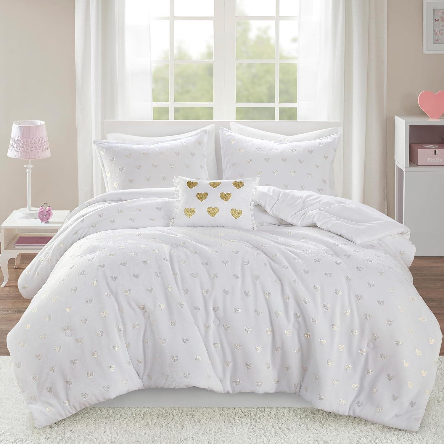 Mi Zone Full/Queen Audrey Metallic Print Plush Microfiber Soft Comforter Set with Throw Pillow White: Hypoallergenic, Transitional Style