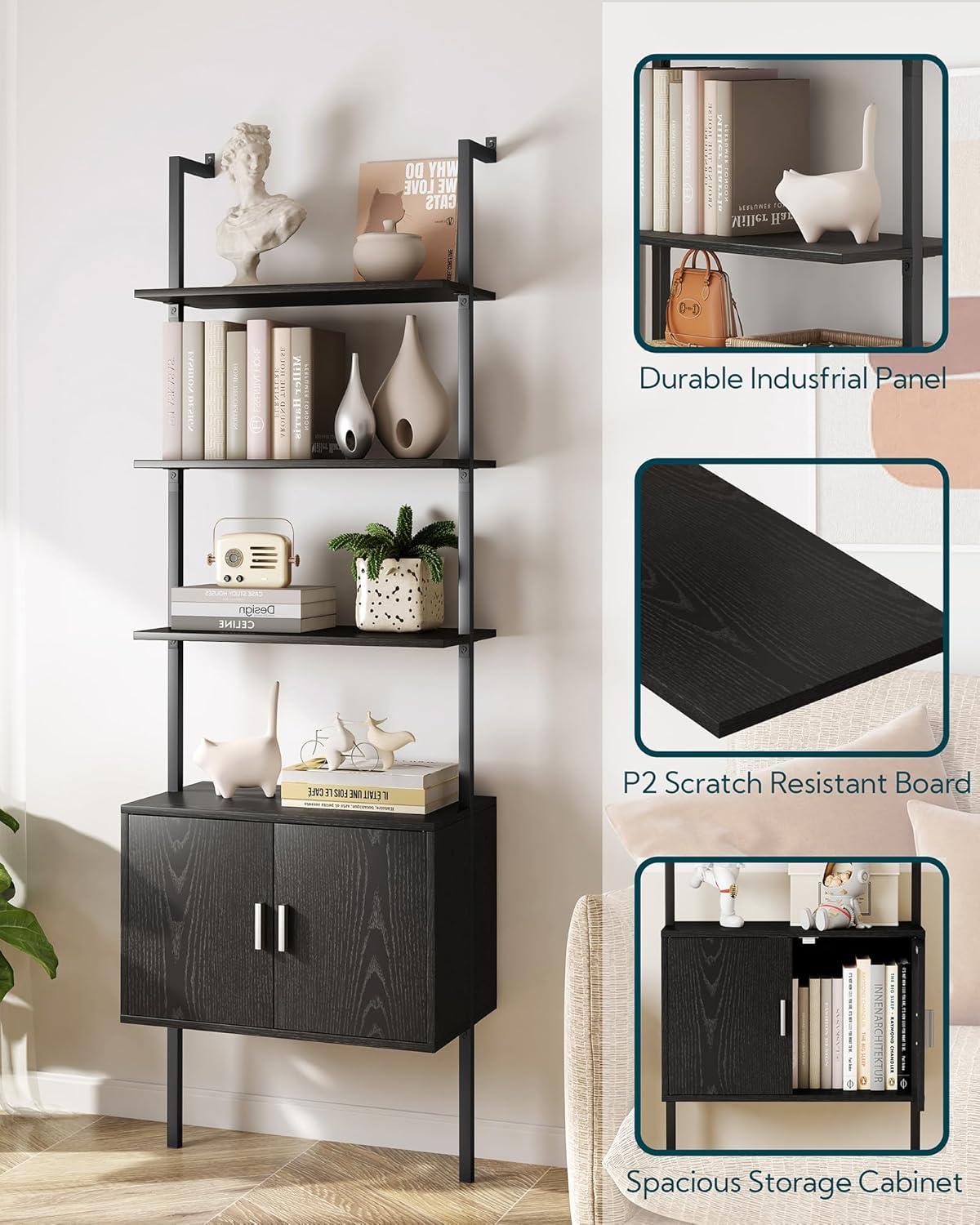 Black Industrial Ladder Bookshelf with Cabinet and Metal Frame