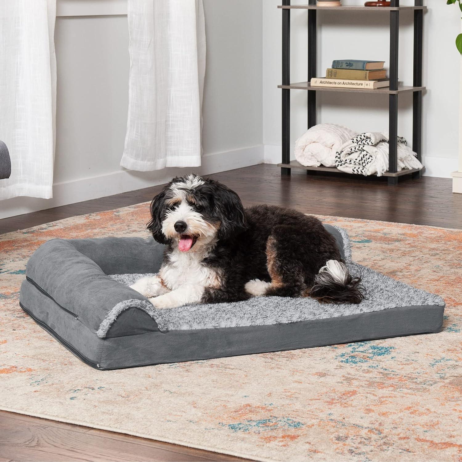 FurHaven Two-Tone Faux Fur & Suede Deluxe Chaise Lounge Orthopedic Sofa Dog Bed - Large, Stone Gray