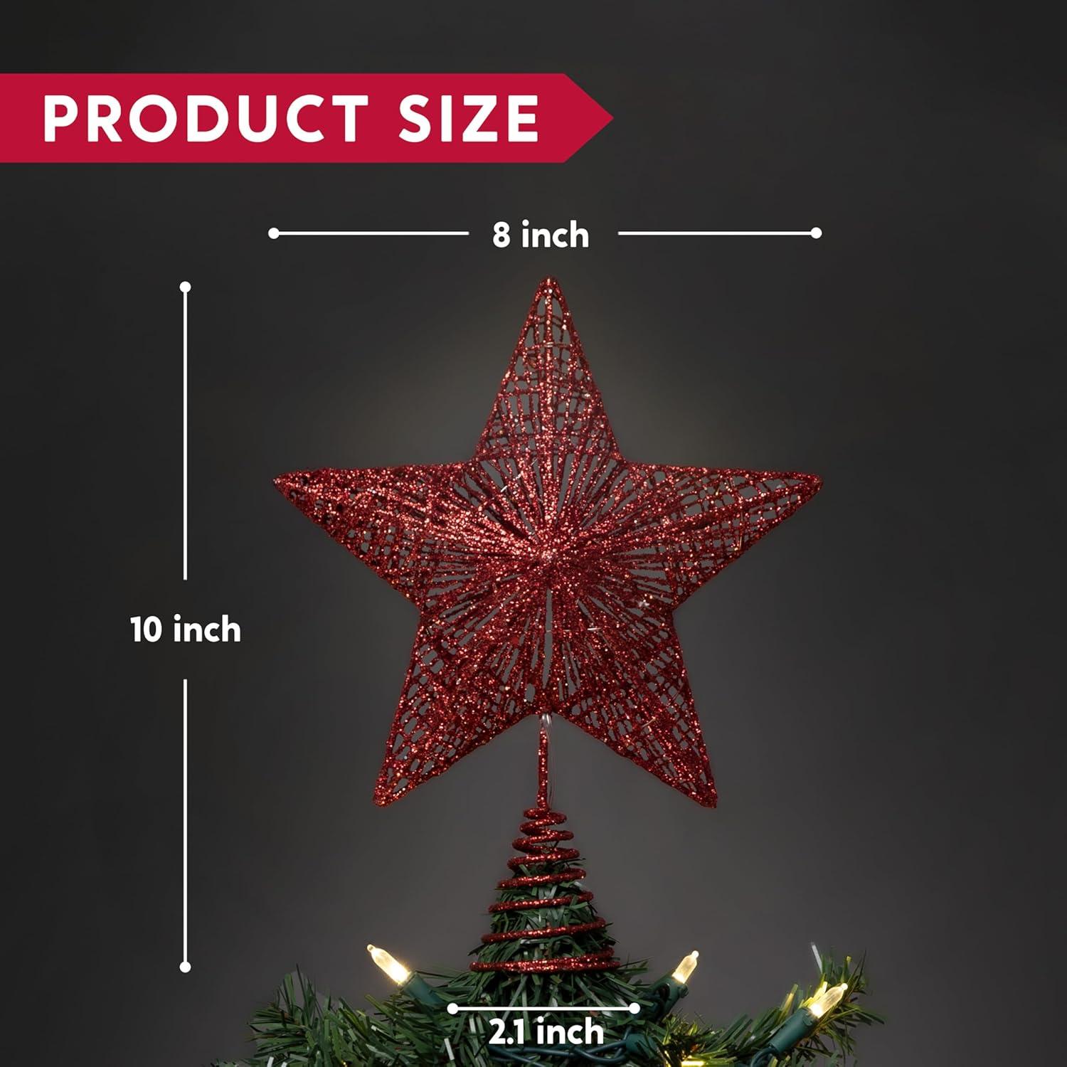 Red Glitter Metal Star Christmas Tree Topper with LED Lights