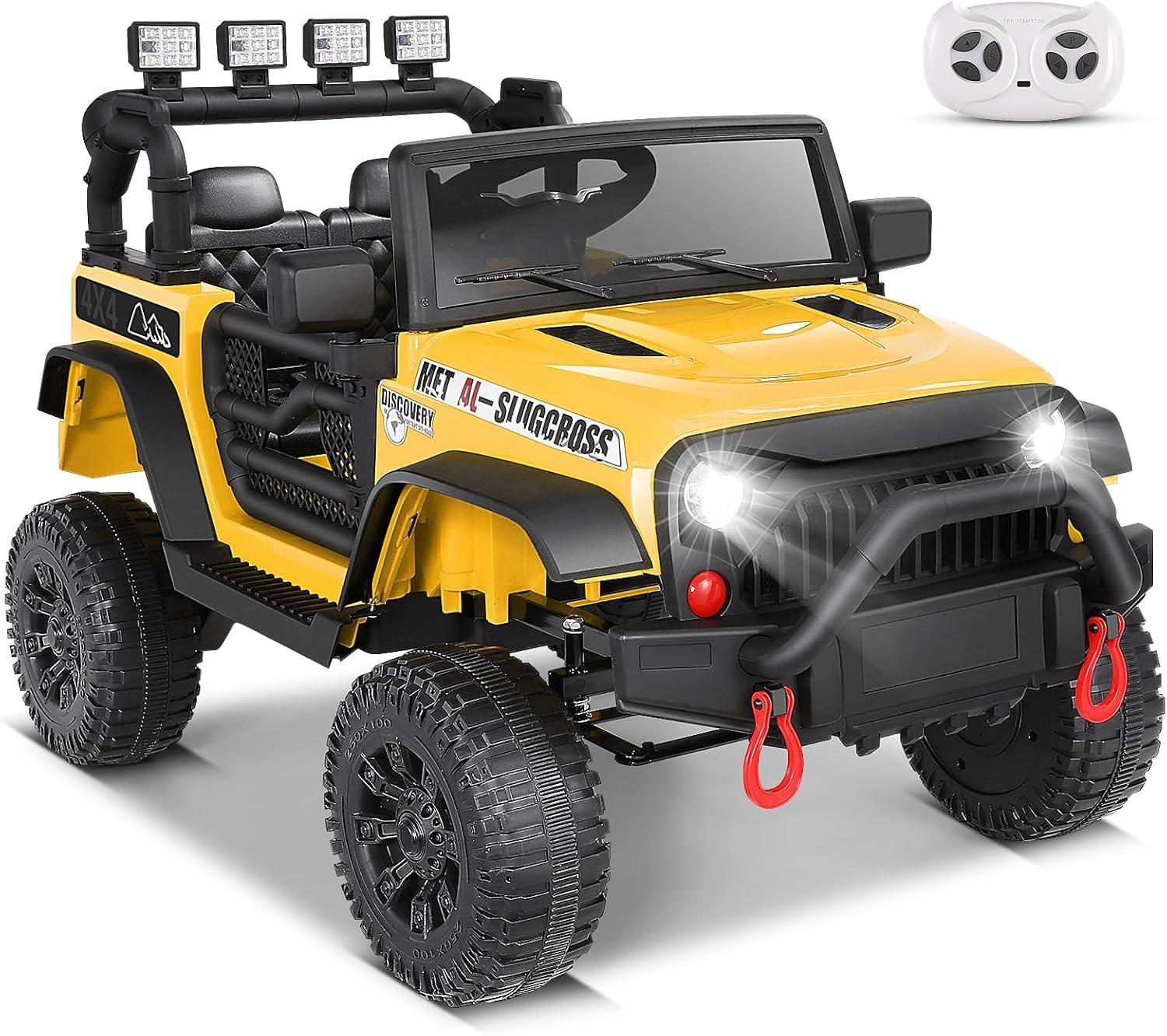 24V Electric Ride on Jeeps for Kids, Ride On Car Truck with Remote Control, Battery Power Car Wheels for Kids w/LED Lights, Bluetooth, Music, 3 Speeds, 24 Volt Ride on Toys for Boys and Girls