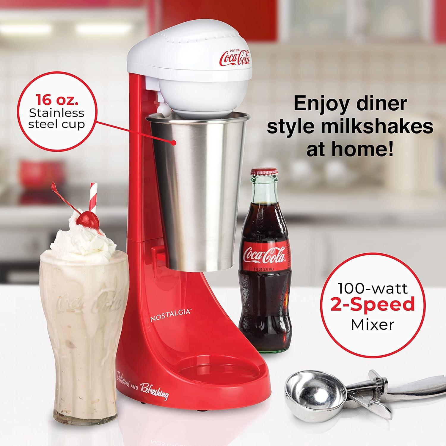 Nostalgia Nostalgia Two-Speed Electric Coca-Cola Limited Edition Milkshake Maker and Drink Mixer, Includes 16-Ounce Stainless Steel Mixing Cup & Rod