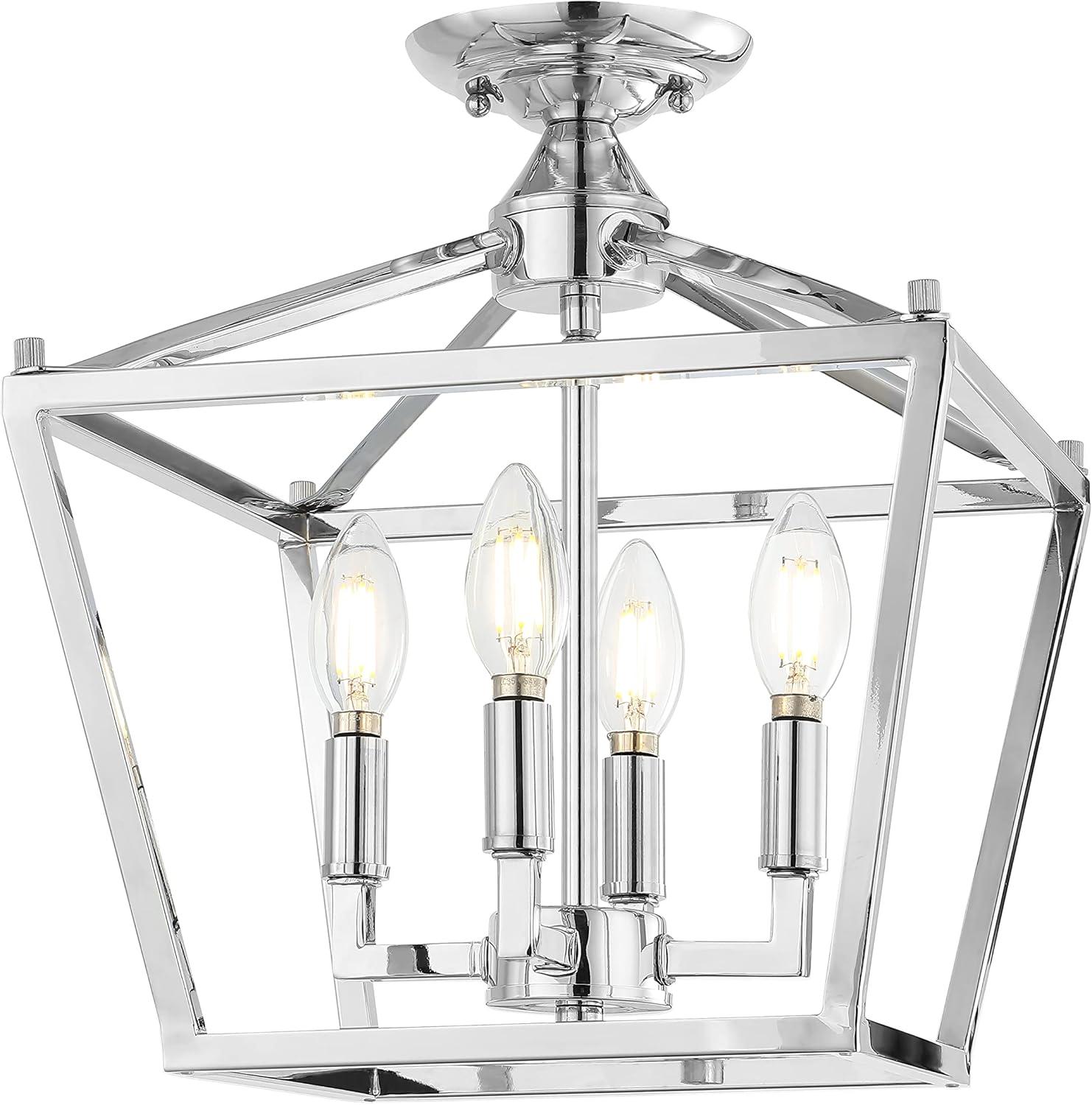 Plains Mini Lantern 12 in. 4-Light Chrome Iron Modern Farmhouse LED Flush Mount