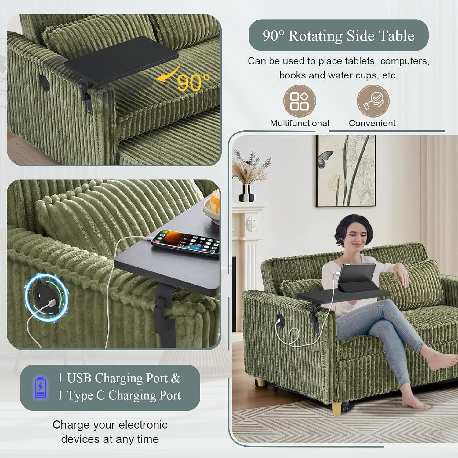 54"W Convertible Sleeper Sofa Bed,3-In-1 Corduroy Pull Out Couch Bed,Futon Loveseat Sleeper Couch with Adjustable Backrest and USB Ports & Side Table,Recliner for Living Room,Office,Small Space,Green